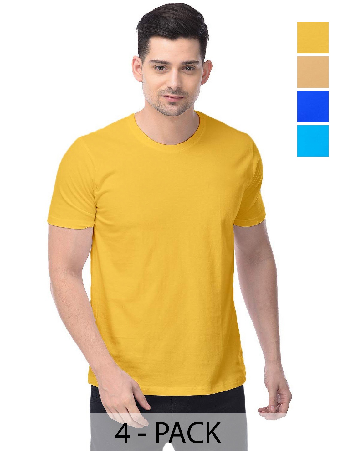 

COLOR CAPITAL Unisex Pack Of 4 Solid Round Neck Cotton T-shirts, Yellow