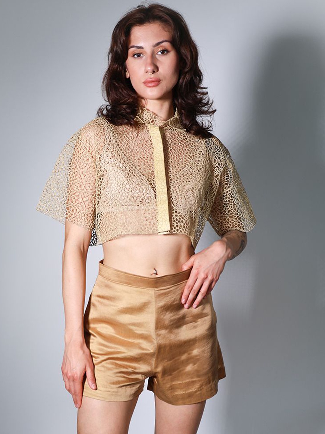 

Arya Giri Mandarin Collar Cutwork Cropped Shirt & Shorts, Beige