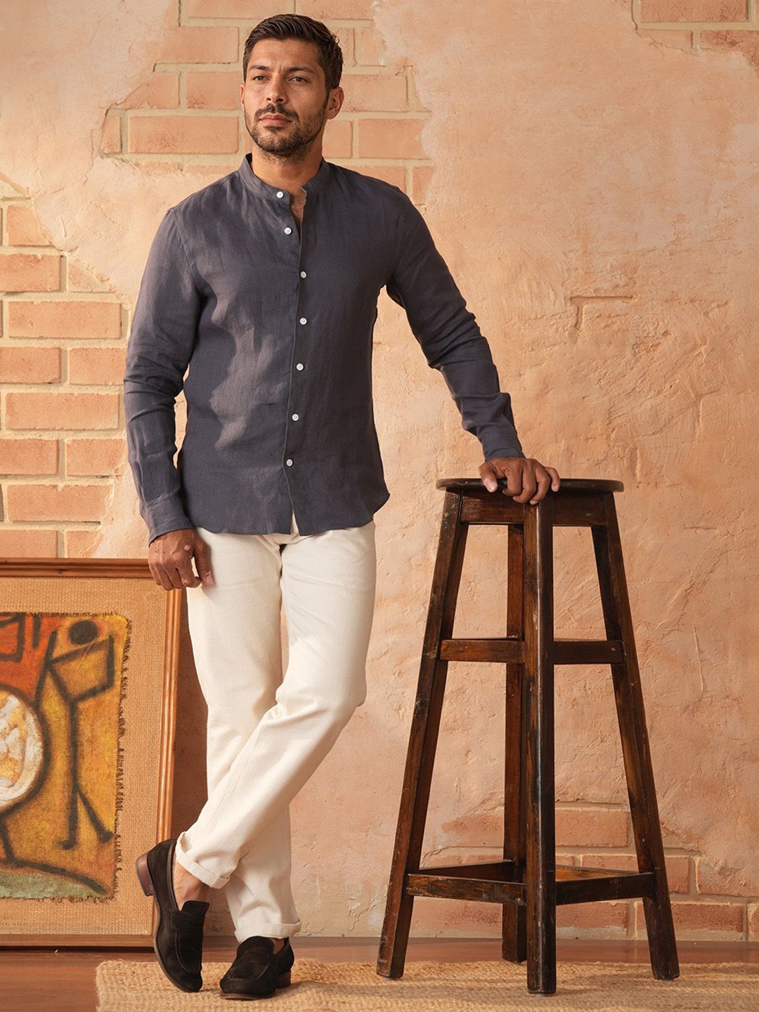 

Monks of Method Men Relaxed Band Collar Solid Linen Relaxed Fit Casual Shirt, Violet