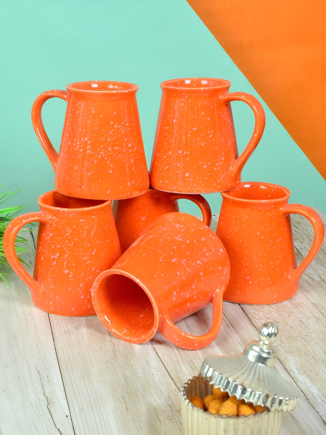 

FABINALIV Set of 6 Orange & White Handcrafted Ceramics Glossy Mugs