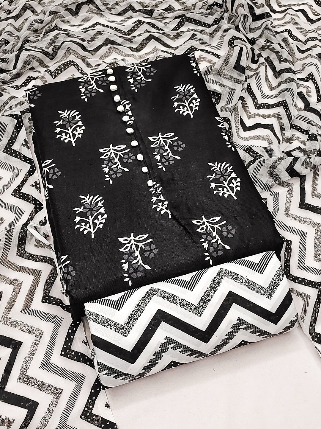 

MANVAA Floral Printed Unstitched Dress Material, Black