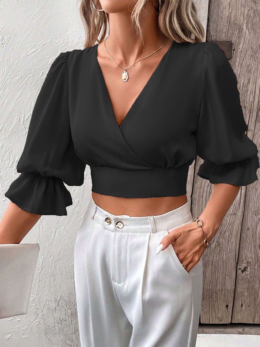 

StyleCast Women Solid V-Neck Top, Black