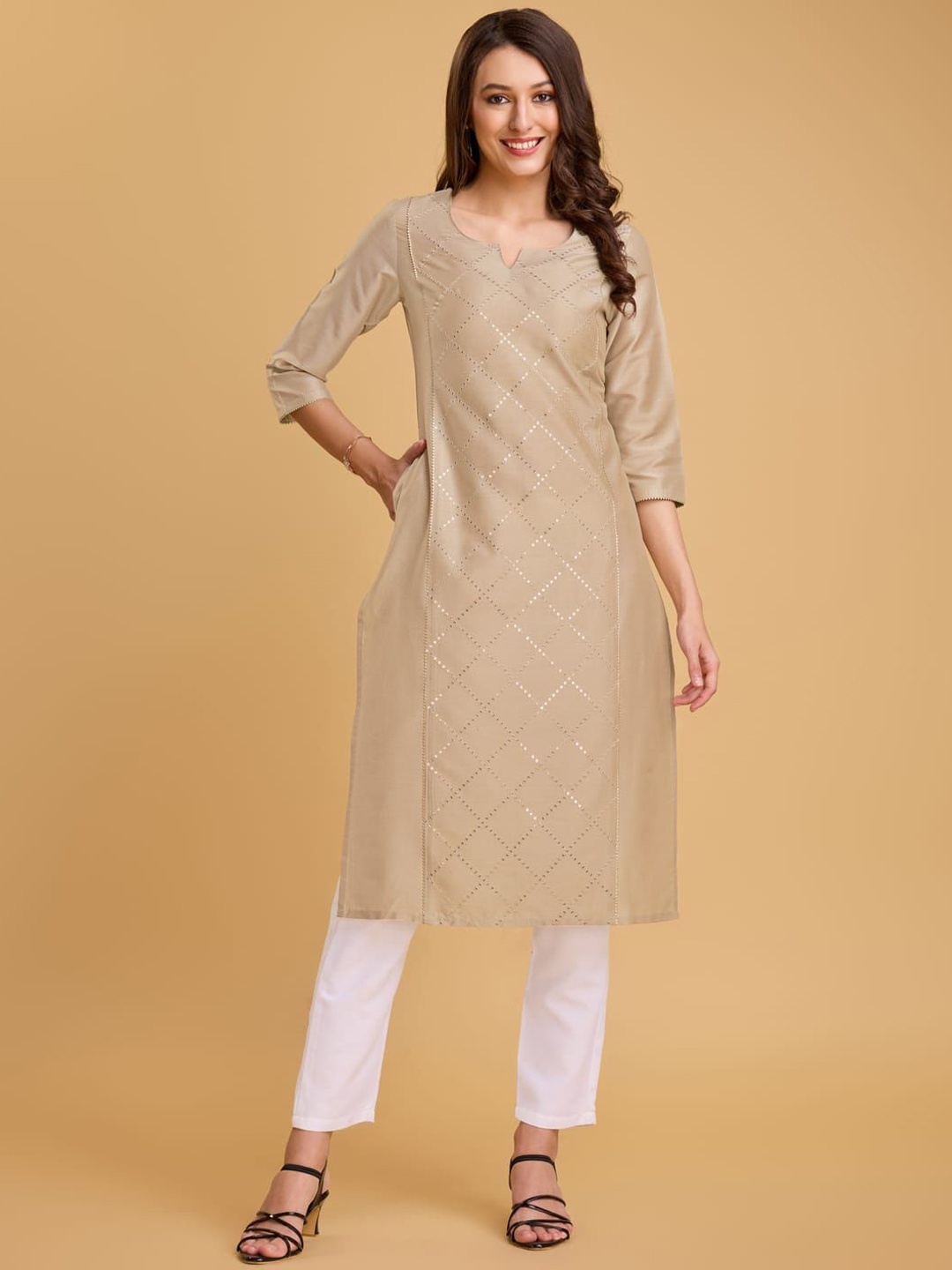 

Suha Embroidered Round Neck Sequinned Straight Kurta, Beige