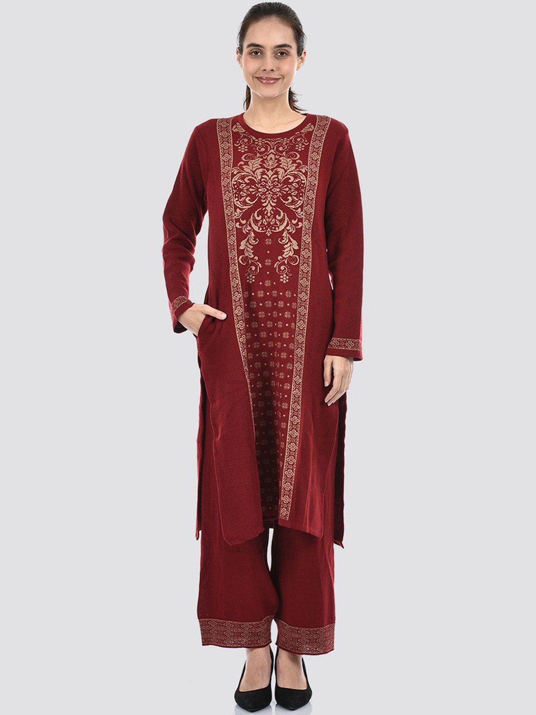 

American Eye Floral Woven Design Round Neck Straight Kurta With Palazzos, Maroon