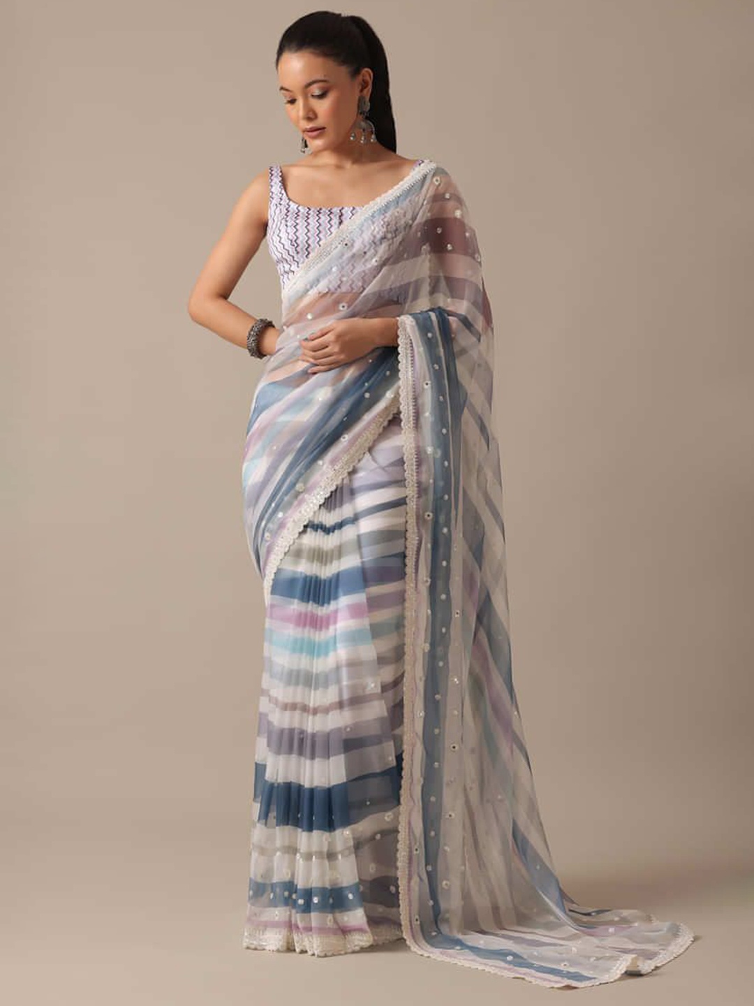 

AWRIYA Striped Sequinned Embroidered Saree, Blue