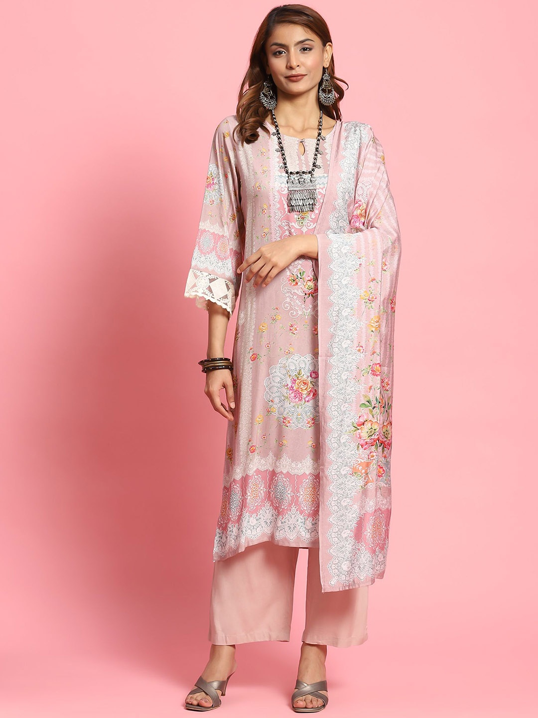 

Shree Floral Printed Keyhole Neck Regular Liva Kurta With Trousers & Dupatta, Lavender