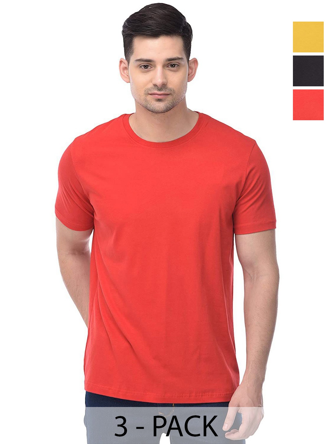 

COLOR CAPITAL Unisex Pack Of 3 Solid Round Neck Cotton T-shirts, Red