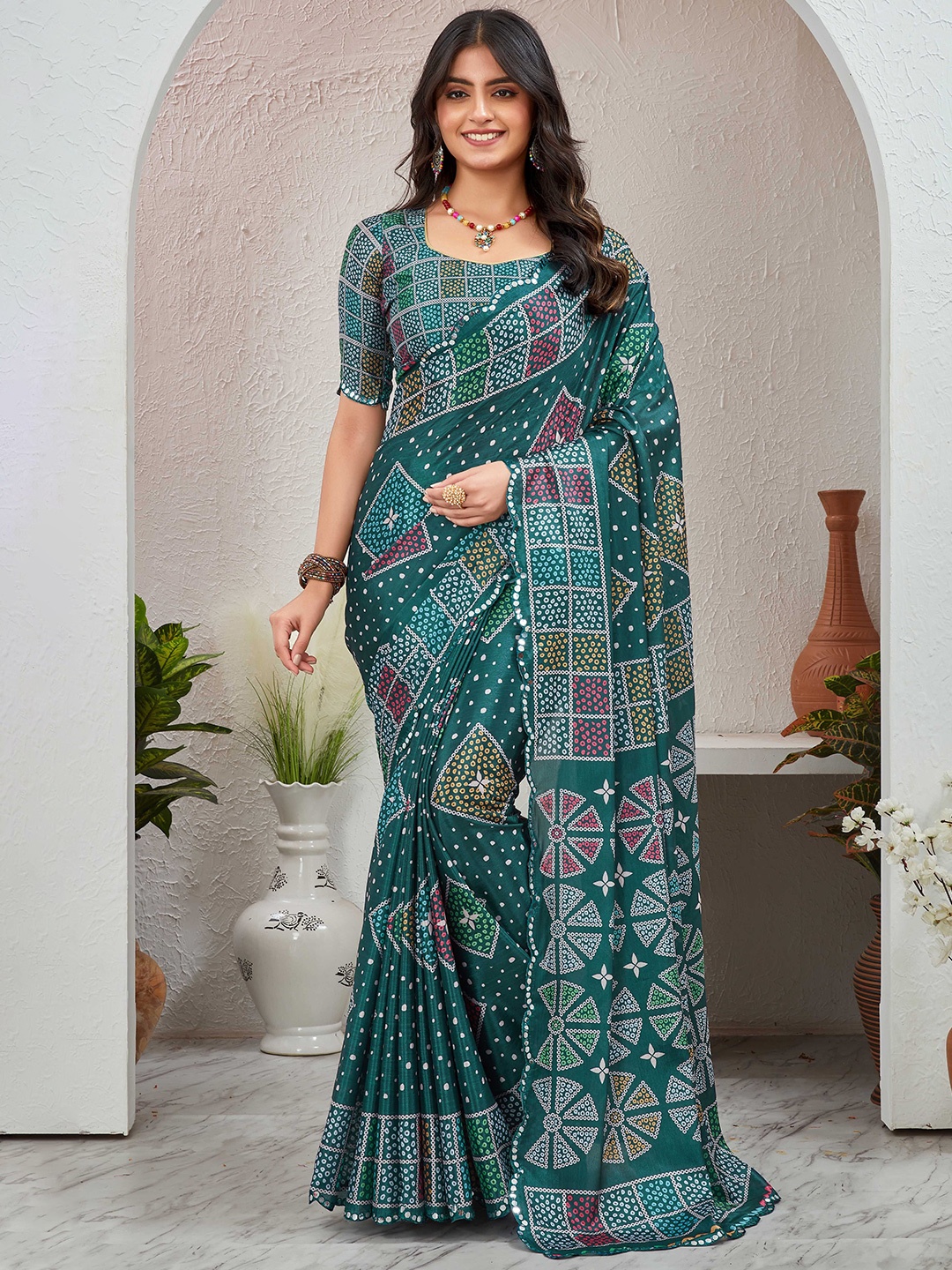 

Globon Impex Bandhani Mirror Work Pure Chiffon Saree, Teal