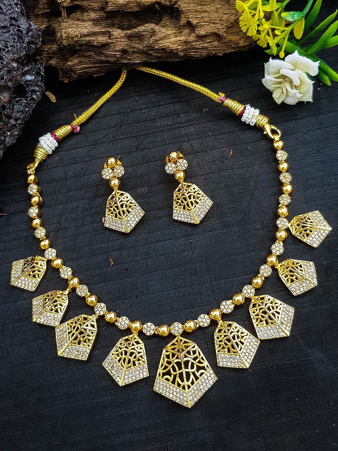 

GRIIHAM Gold-Plated Cubic Zirconia Studded Jaali work Necklace and Earrings