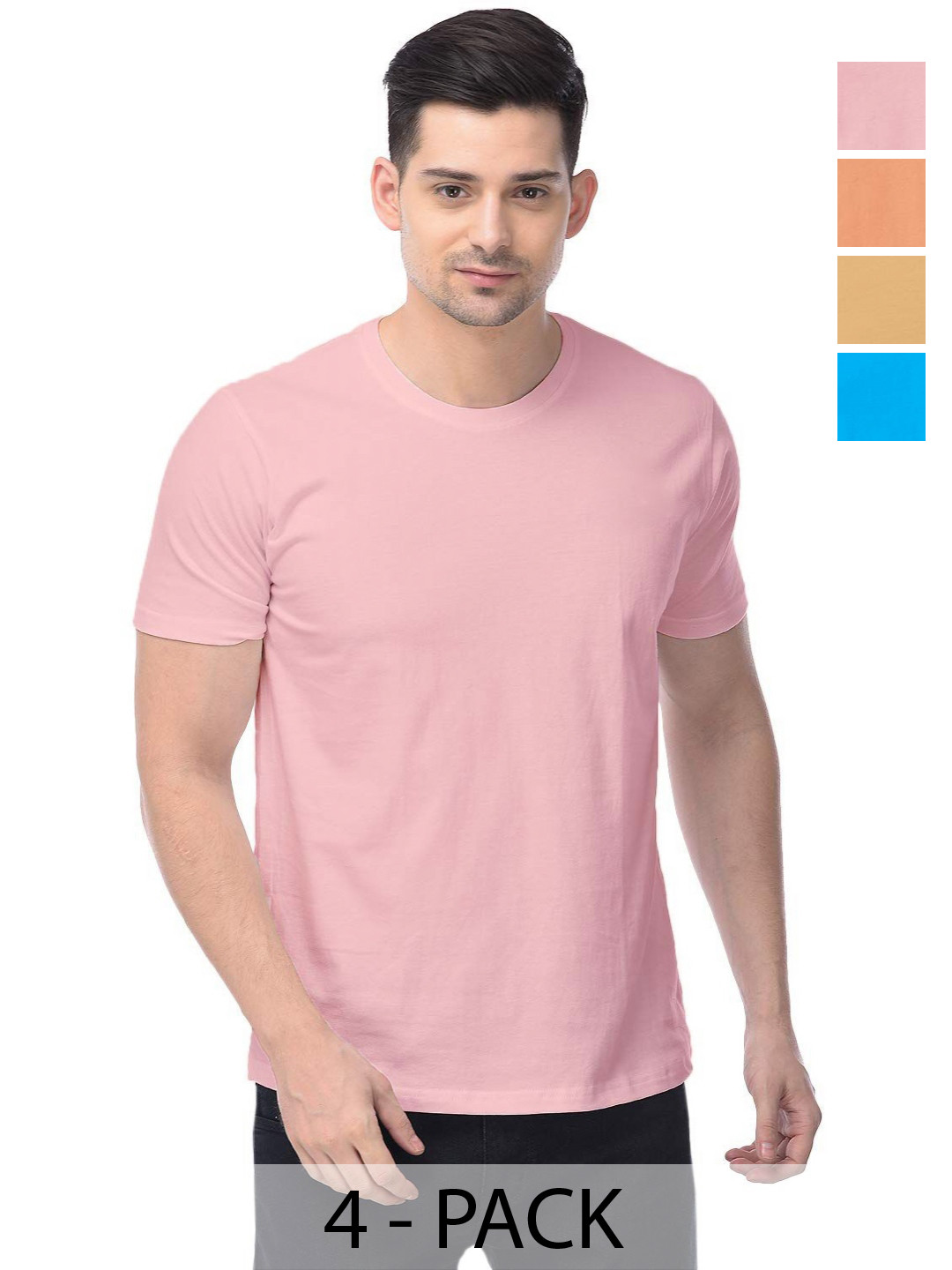 

COLOR CAPITAL Unisex Pack Of 4 Solid Round Neck Cotton T-shirts, Pink