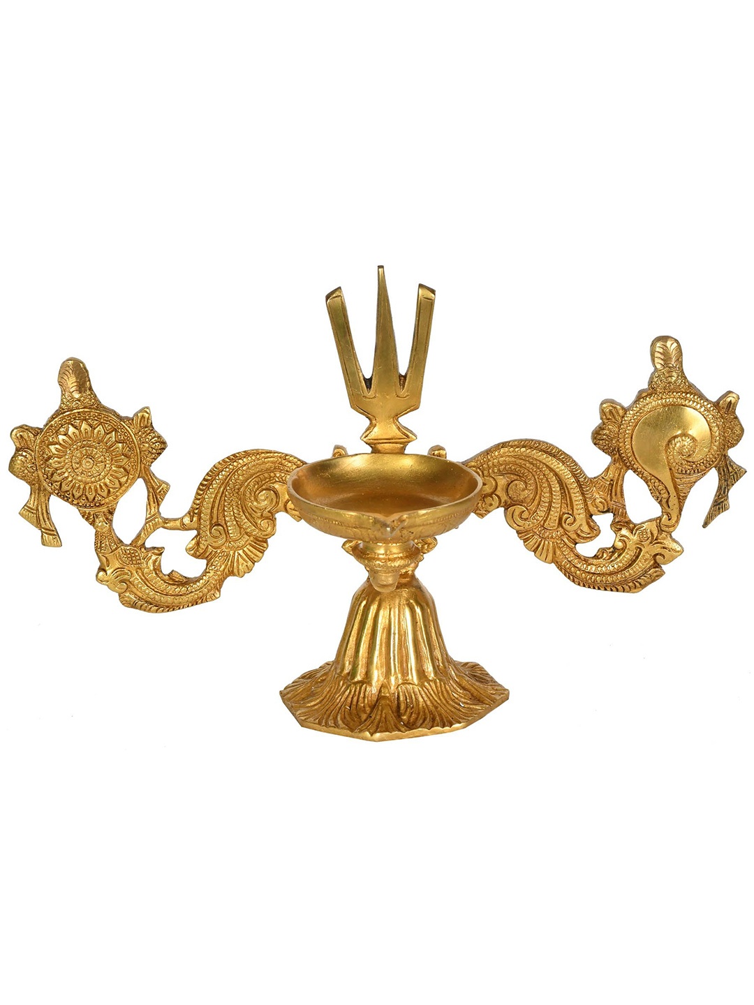 

Exotic India 12" Brass Wick Lamp on Stand with Vaishnava Symbols, Gold