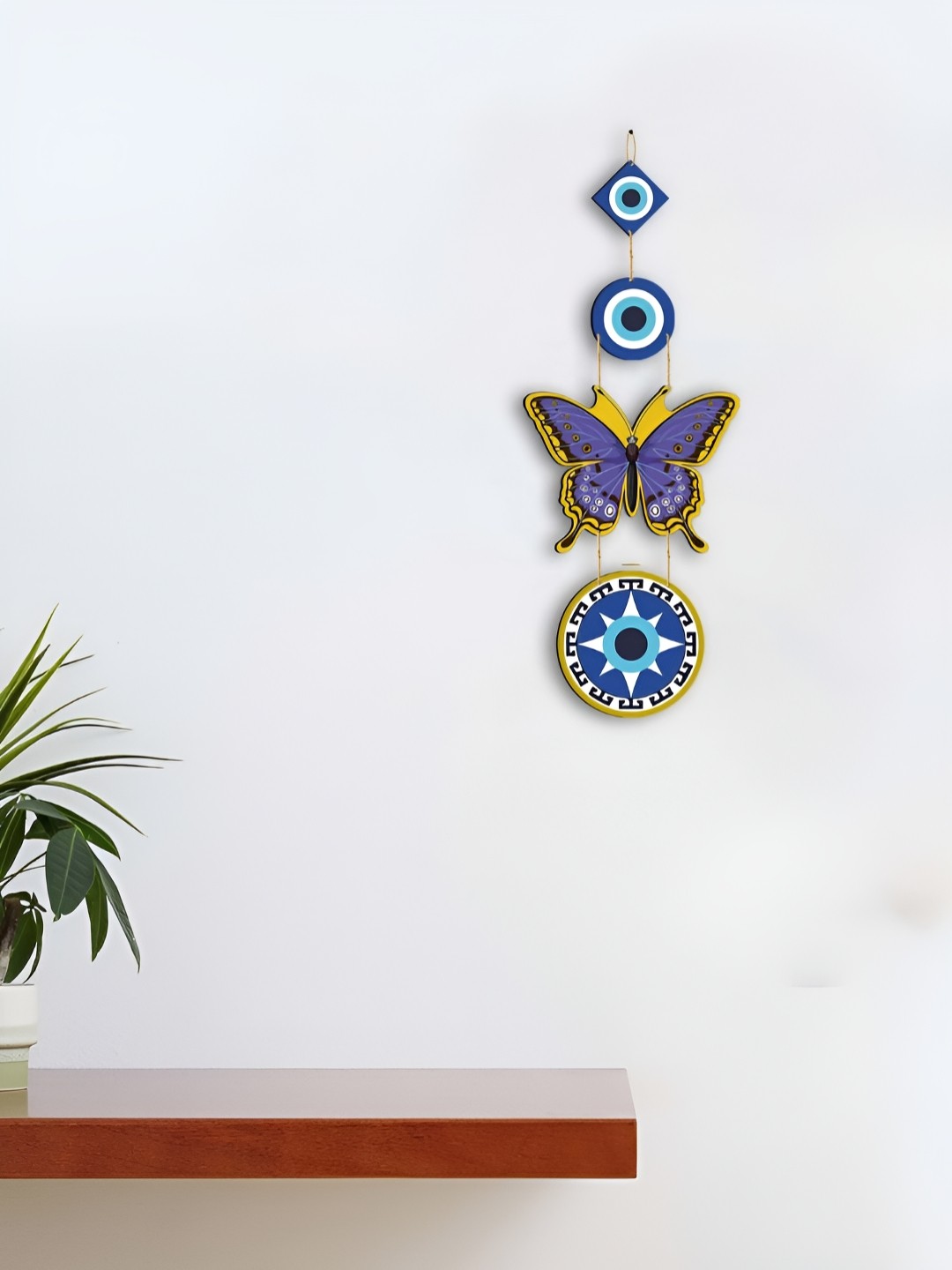 

CLAWCRAFTS Blue and White Butterfly and Evil Eye Wooden Wall Hanging