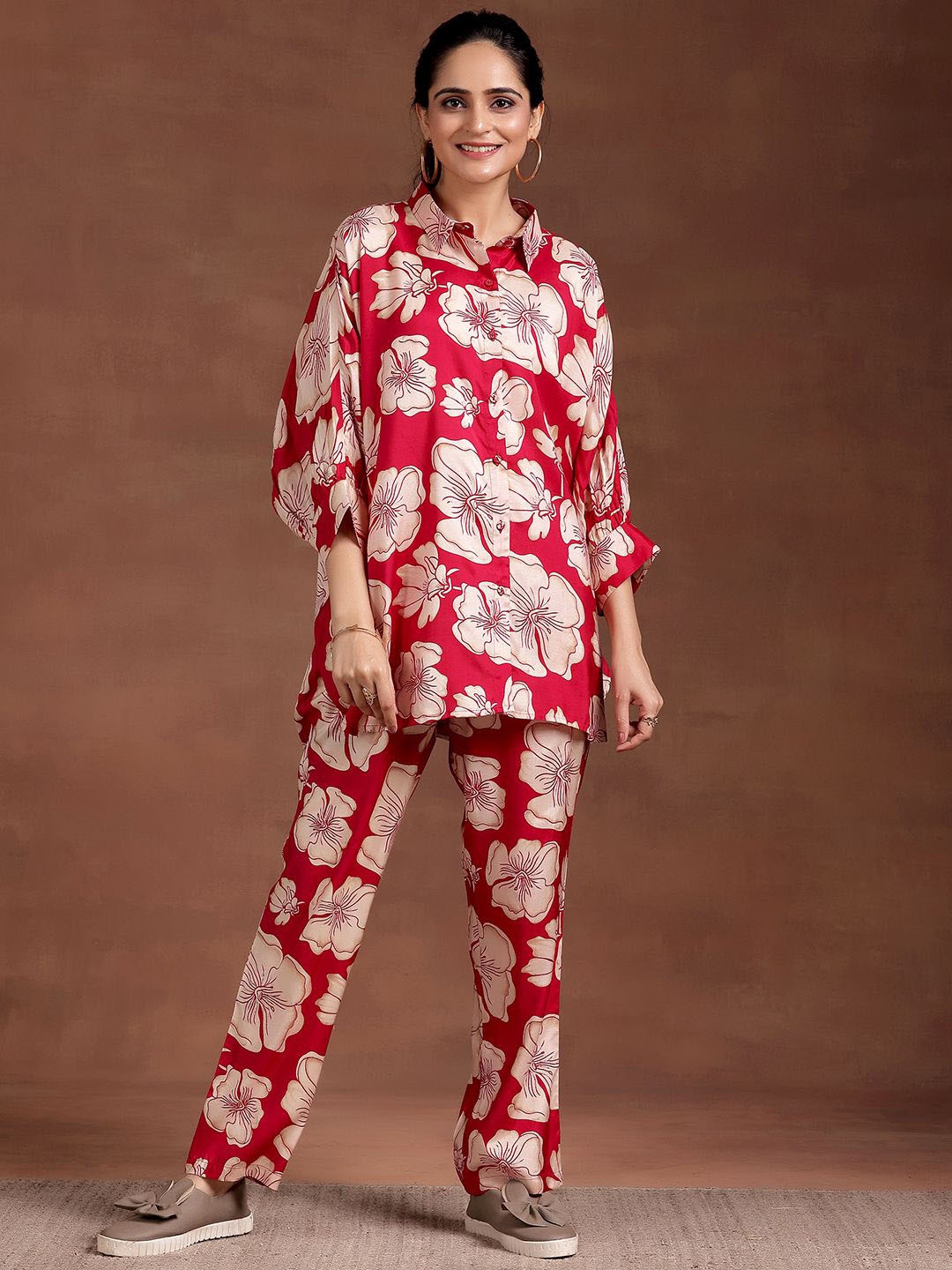 

Libas Floral Printed Pleated Shirt & Trousers, Red