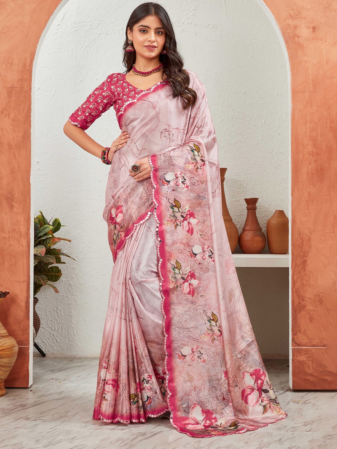 

Globon Impex Floral Mirror Work Pure Chiffon Saree, Pink