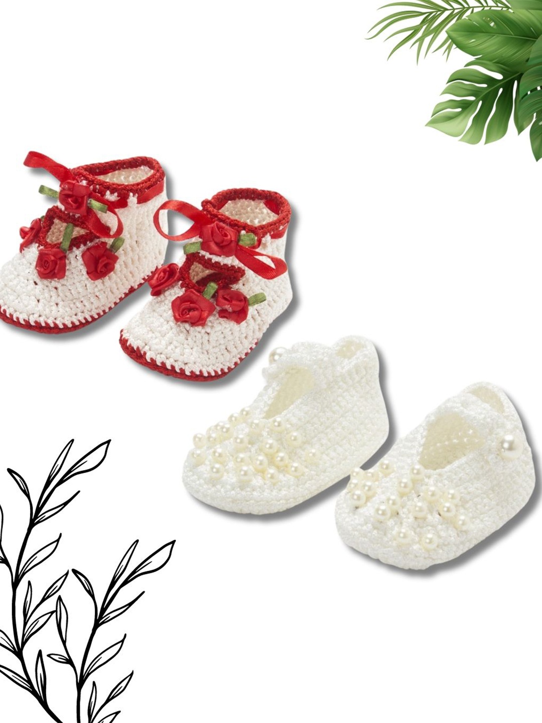 

FUNKRAFTS Girls Handmade Pack of 2 Crochet Acrylic Booties, Red