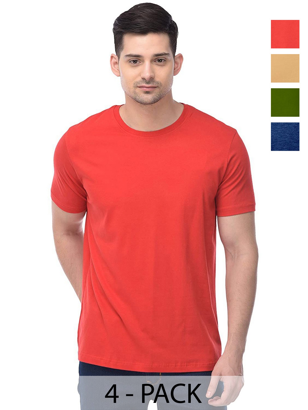 

COLOR CAPITAL Unisex Pack Of 4 Solid Round Neck Cotton T-shirts, Red