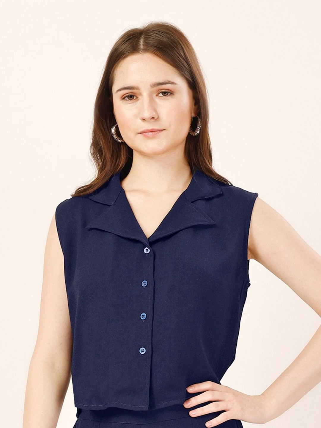 

Murcia Women Cuban Collar Solid Casual Shirt, Navy blue