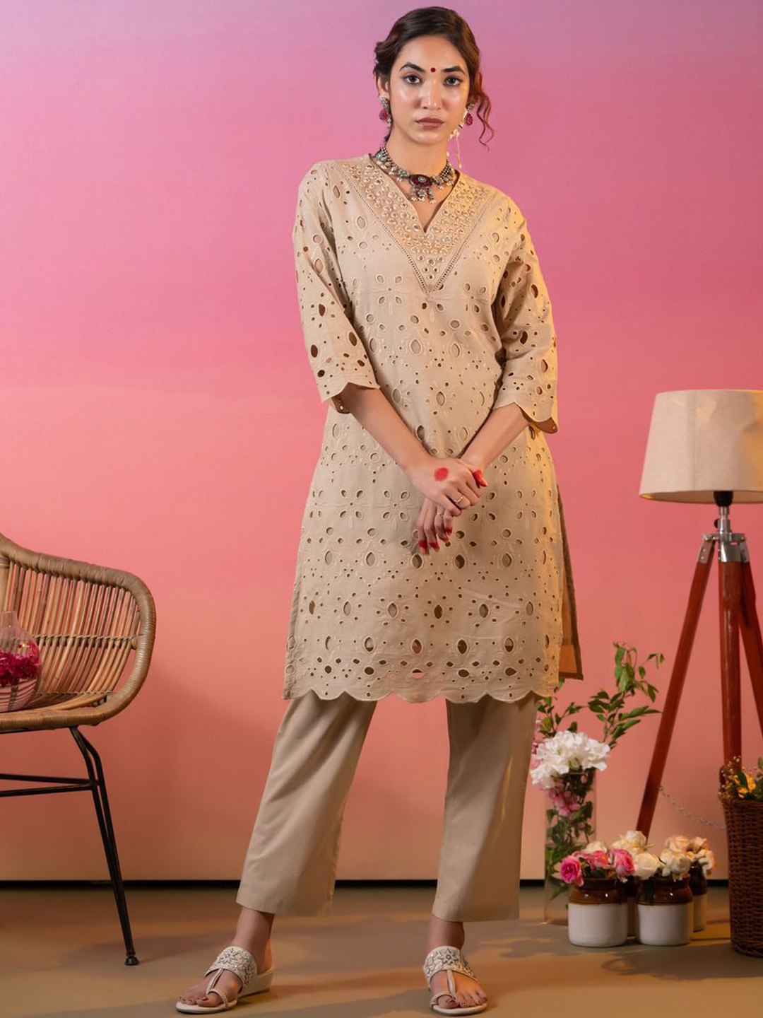 

HEEPOSH Self Design Straight Schiffli Mirror Work Pure Cotton Kurta With Trousers, Beige