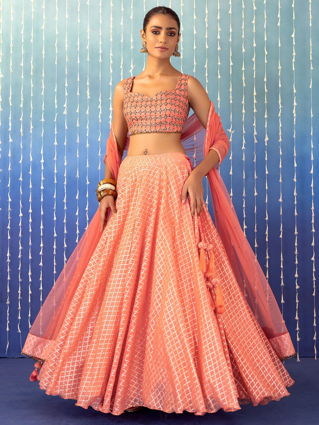 

Indya Luxe Embellished Beads & Stones Jacquard Ready to Wear Lehenga & Blouse & Dupatta, Orange
