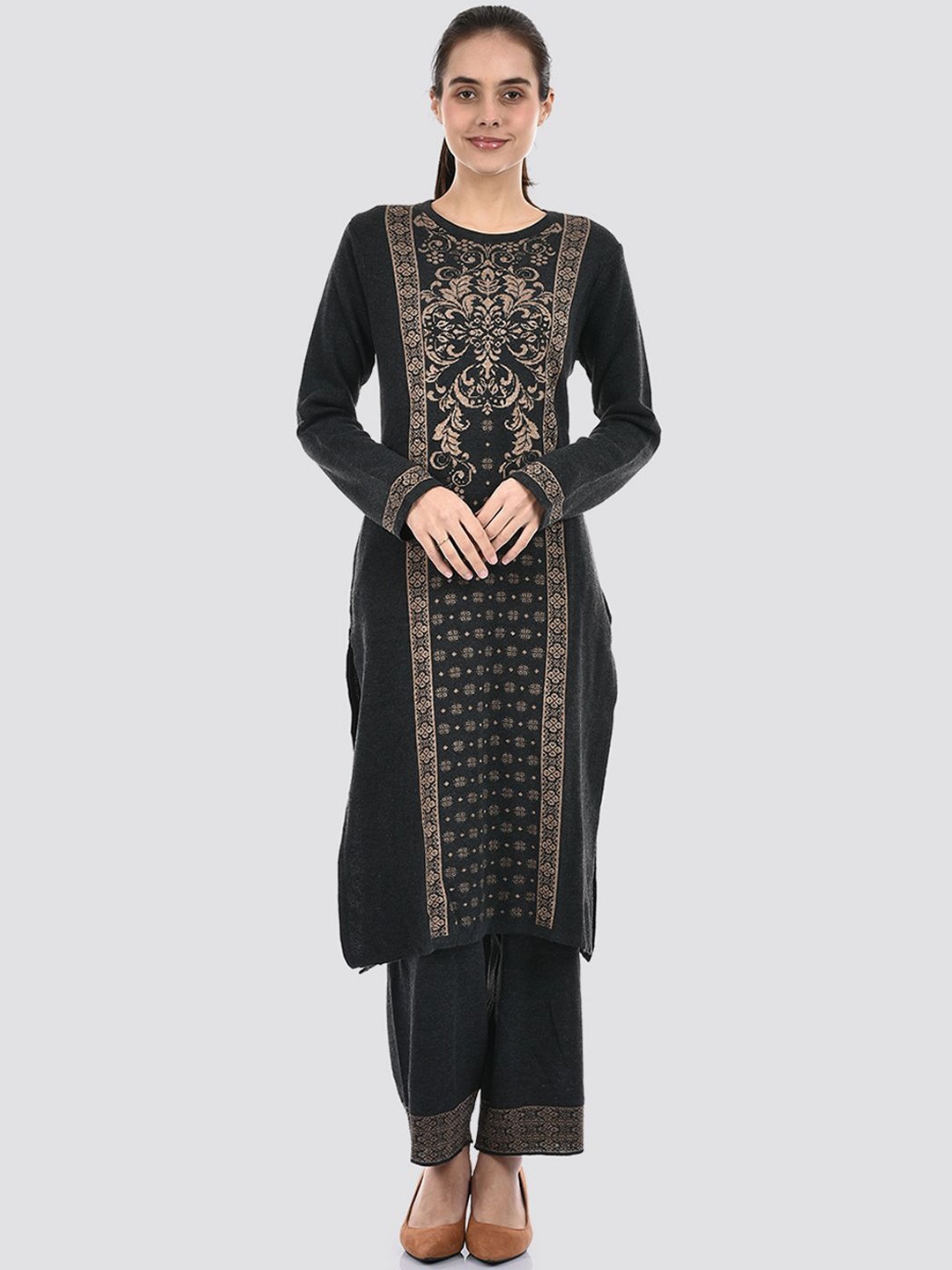 

American Eye Ethnic Motifs Woven Design Round Neck Acrylic Straight Kurta with Palazzos, Black