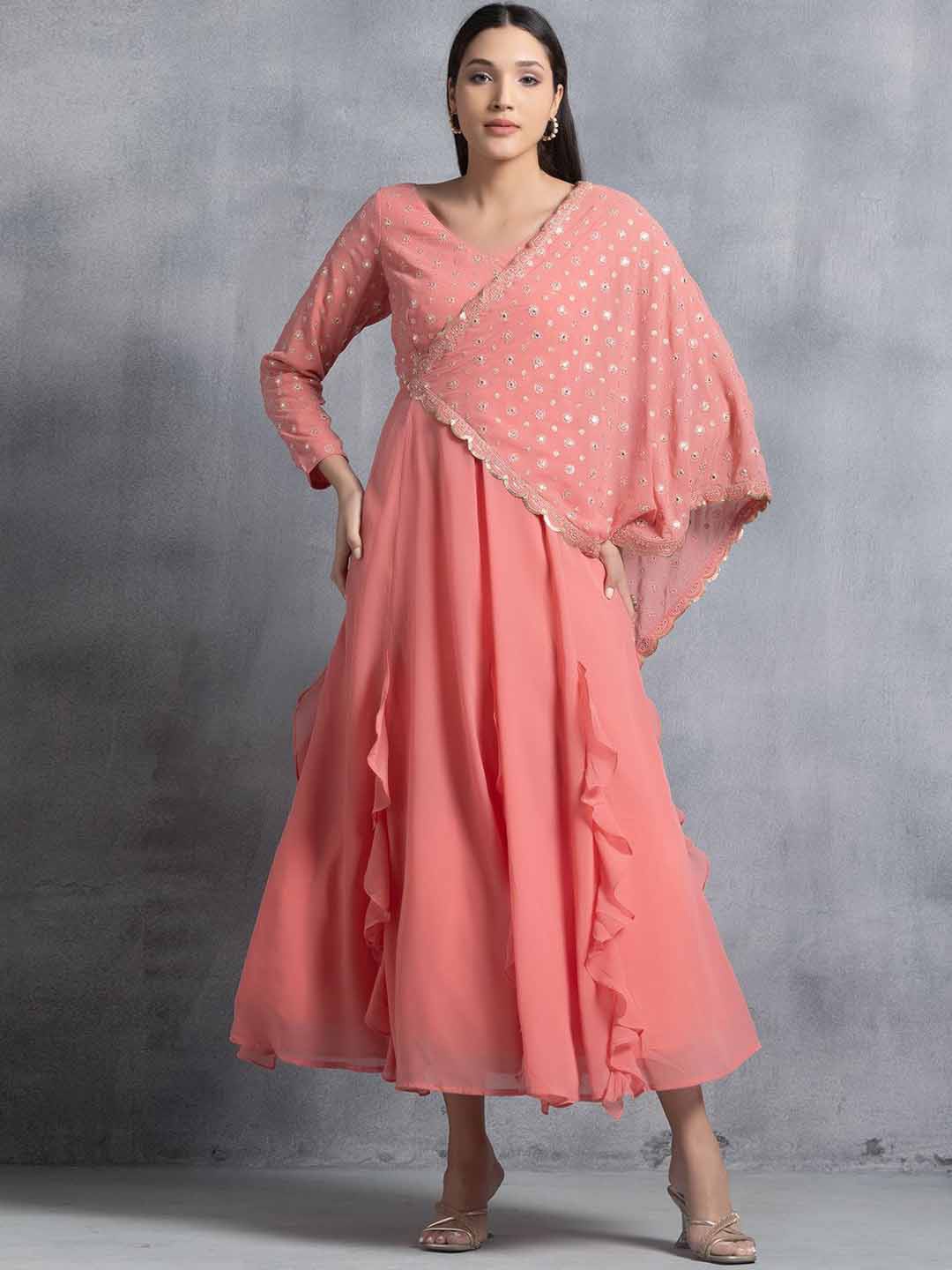 

Indya Luxe Floral Embroidered Georgette Fit & Flare Maxi Ethnic Dress With Attached Drape, Pink