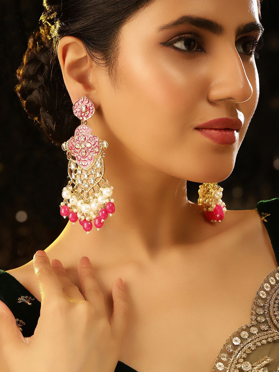 

Priyaasi Gold-Plated American Diamond Kundan Pearl Contemporary Meenakari Drop Earrings, Pink