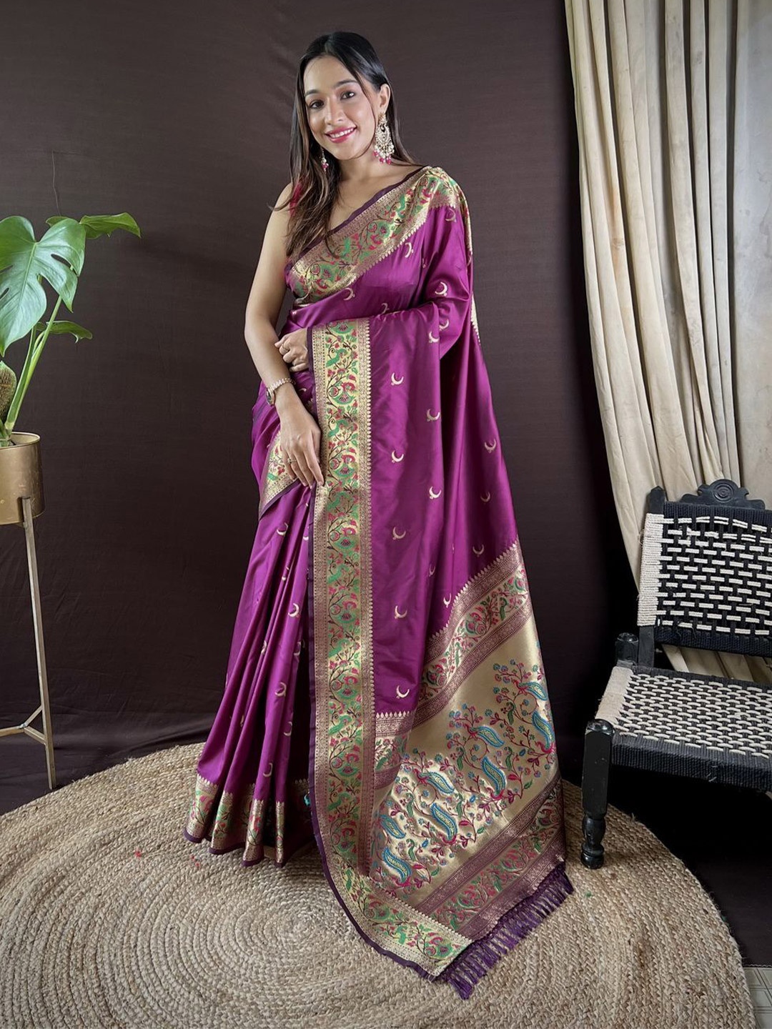 

Divyadham Textiles Ethnic Motifs Zari Pure Silk Paithani Saree, Purple