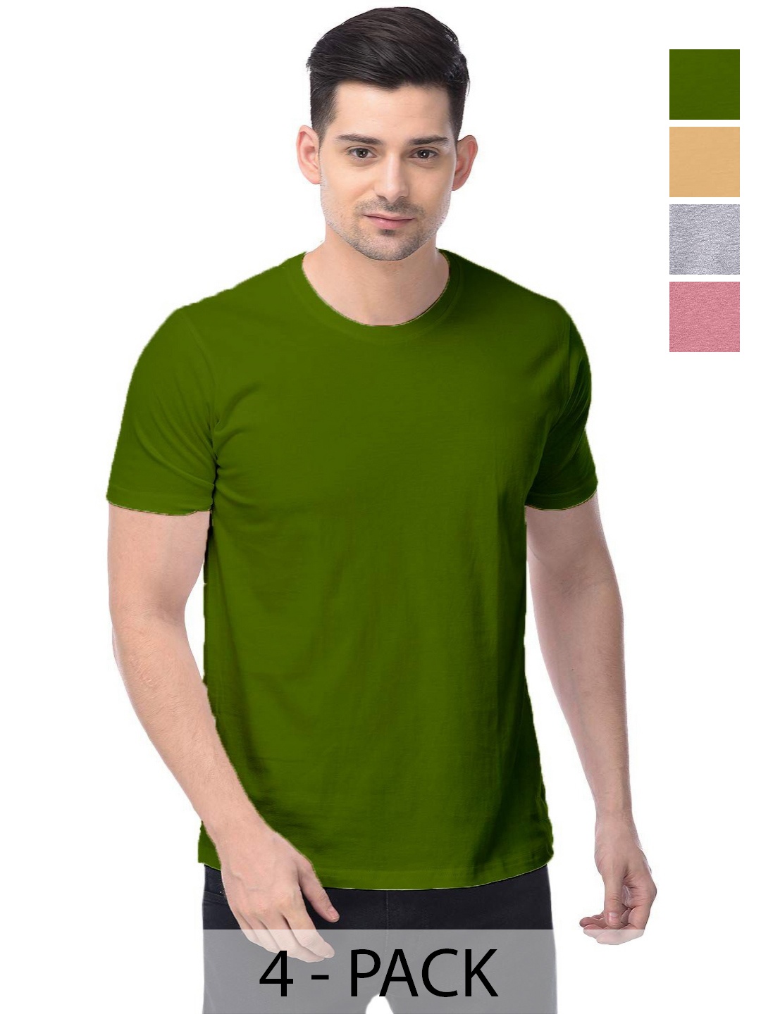 

COLOR CAPITAL Unisex Pack Of 4 Solid Round Neck Cotton T-shirts, Olive