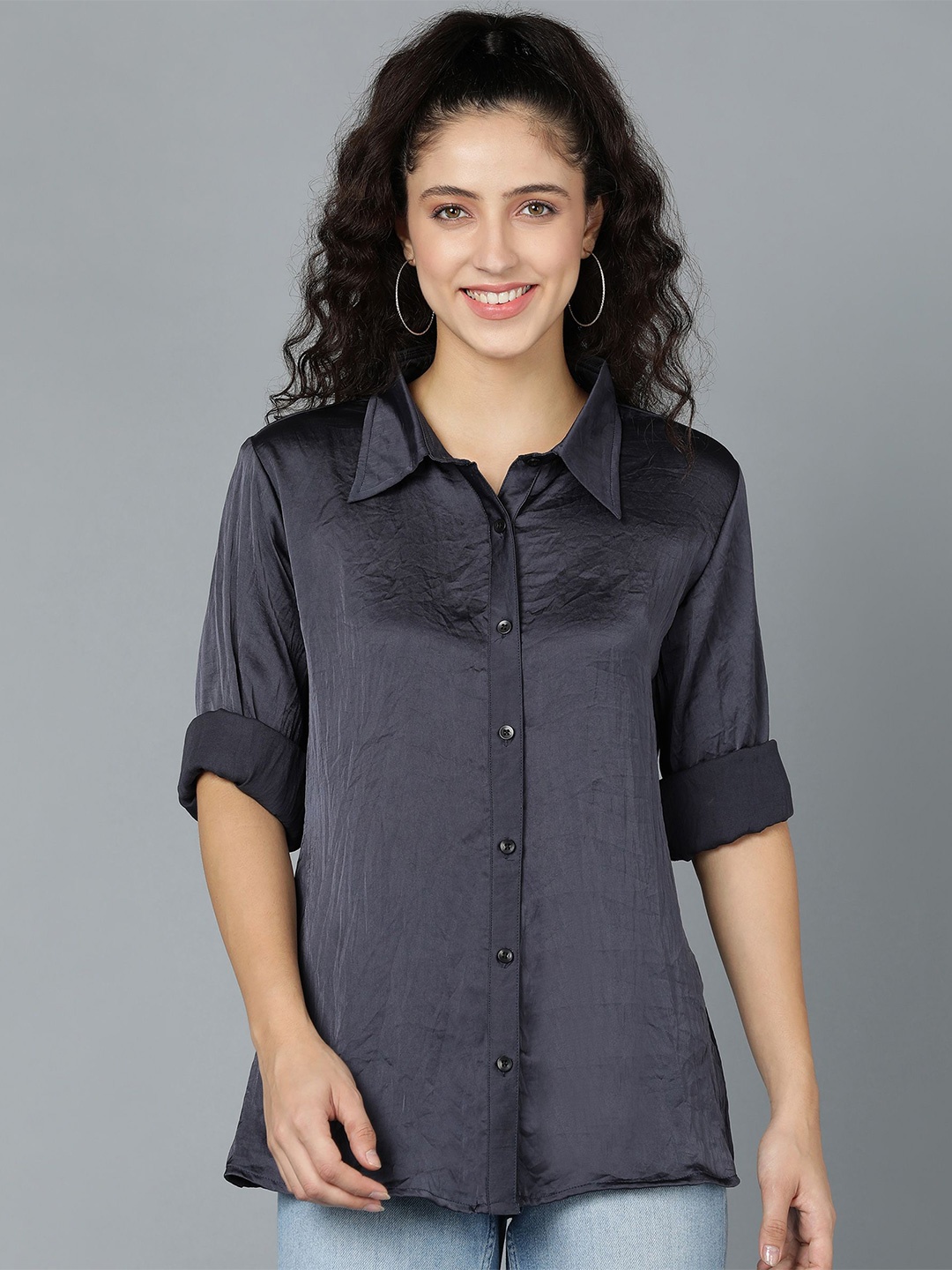 

Murcia Women Spread Collar Solid Crepe Casual Shirt, Grey