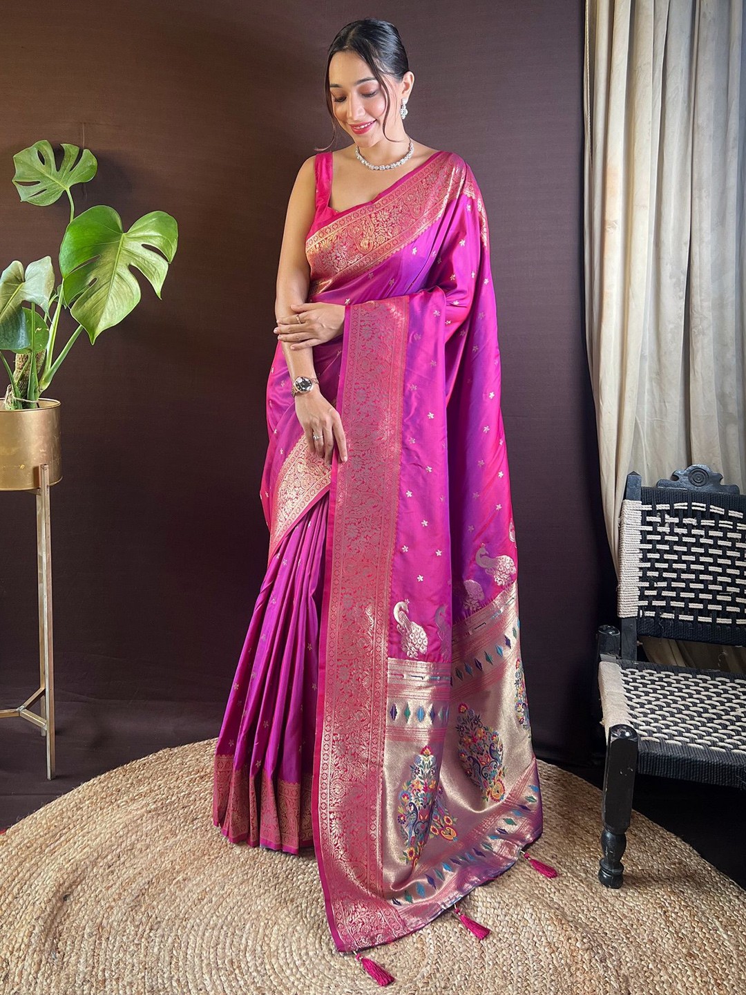 

Divyadham Textiles Woven Design Zari Pure Silk Paithani Saree, Purple
