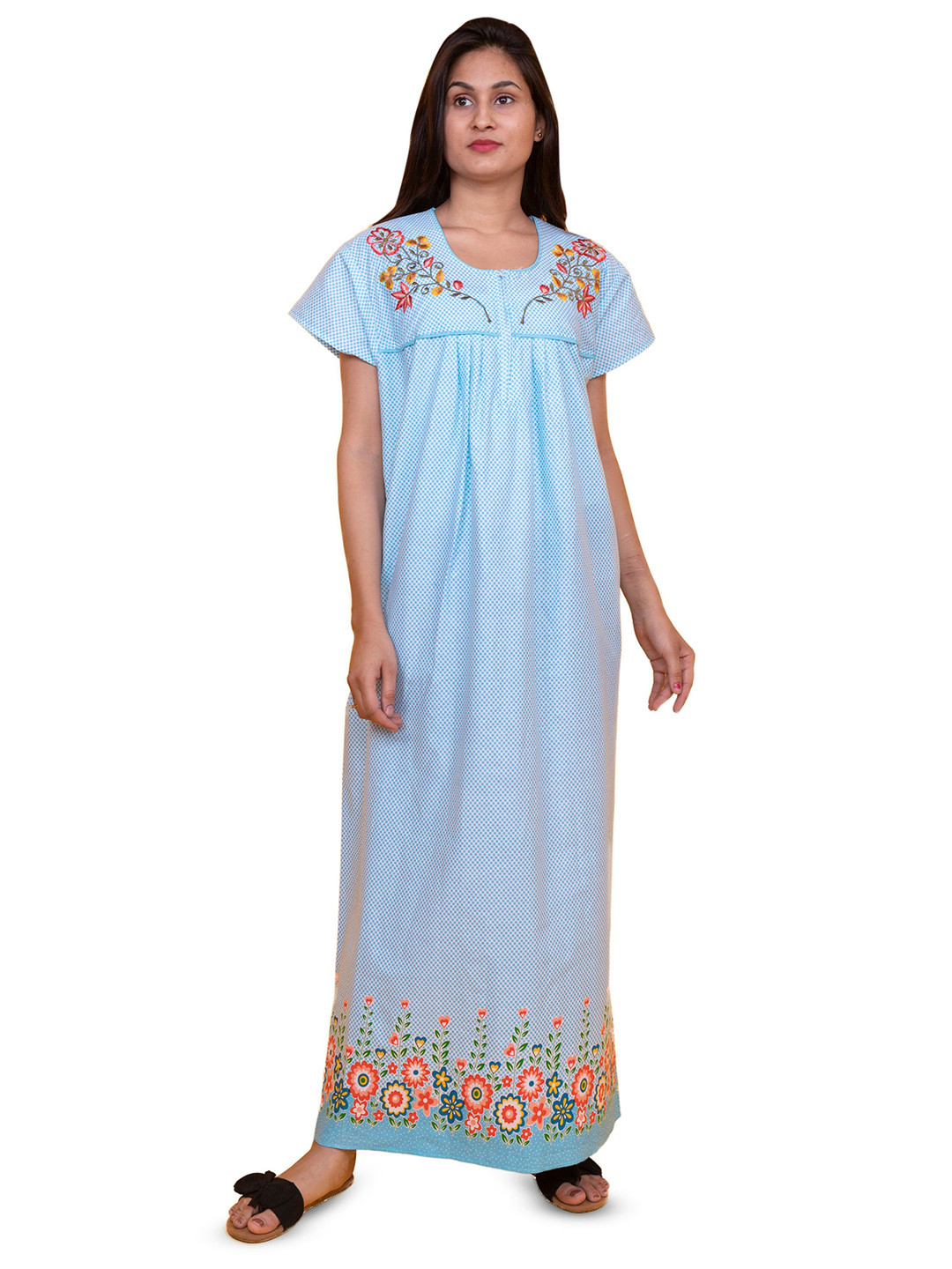 

MAYA PRINT Women Embroidered Maxi Nightdress, Blue