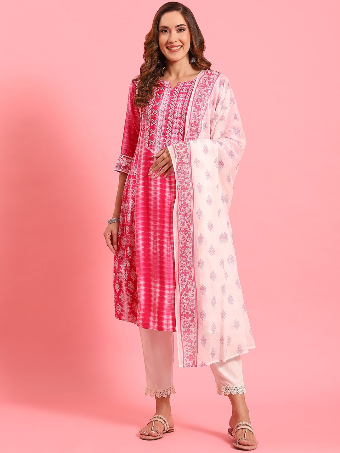 

Shree Floral Printed Notch Neck Liva A-Line Kurta & Trousers With Dupatta, Fuchsia