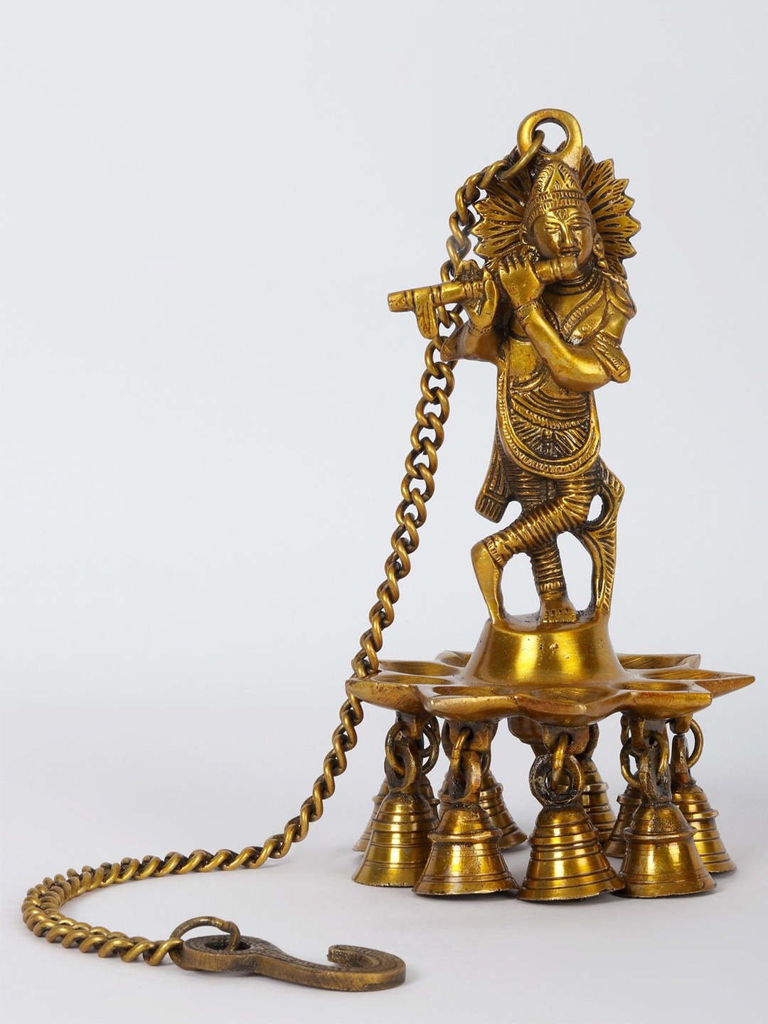 

Exotic India 8" Brass Lord Krishna Roof Hanging Wick Lamp with Bells - Made in India, Gold