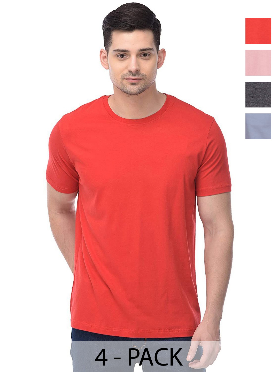 

COLOR CAPITAL Unisex Pack Of 4 Solid Round Neck Cotton T-shirts, Red