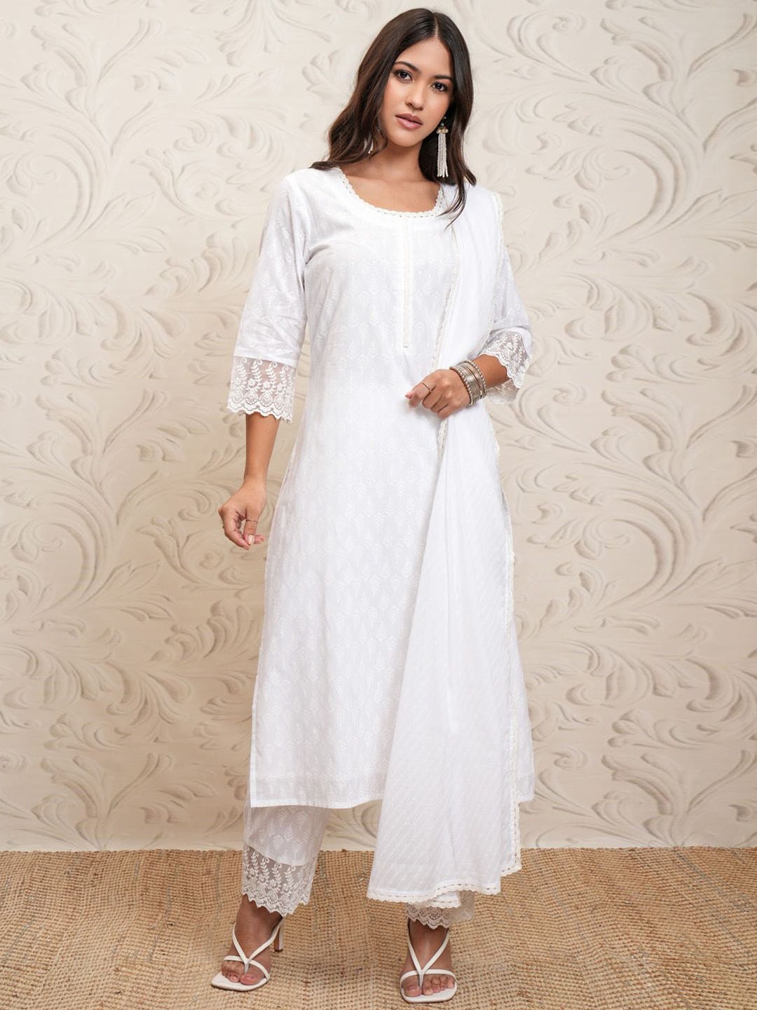 

Vishudh White Ethnic Motifs Printed Round Neck Pure Cotton Kurta With Trousers & Dupatta