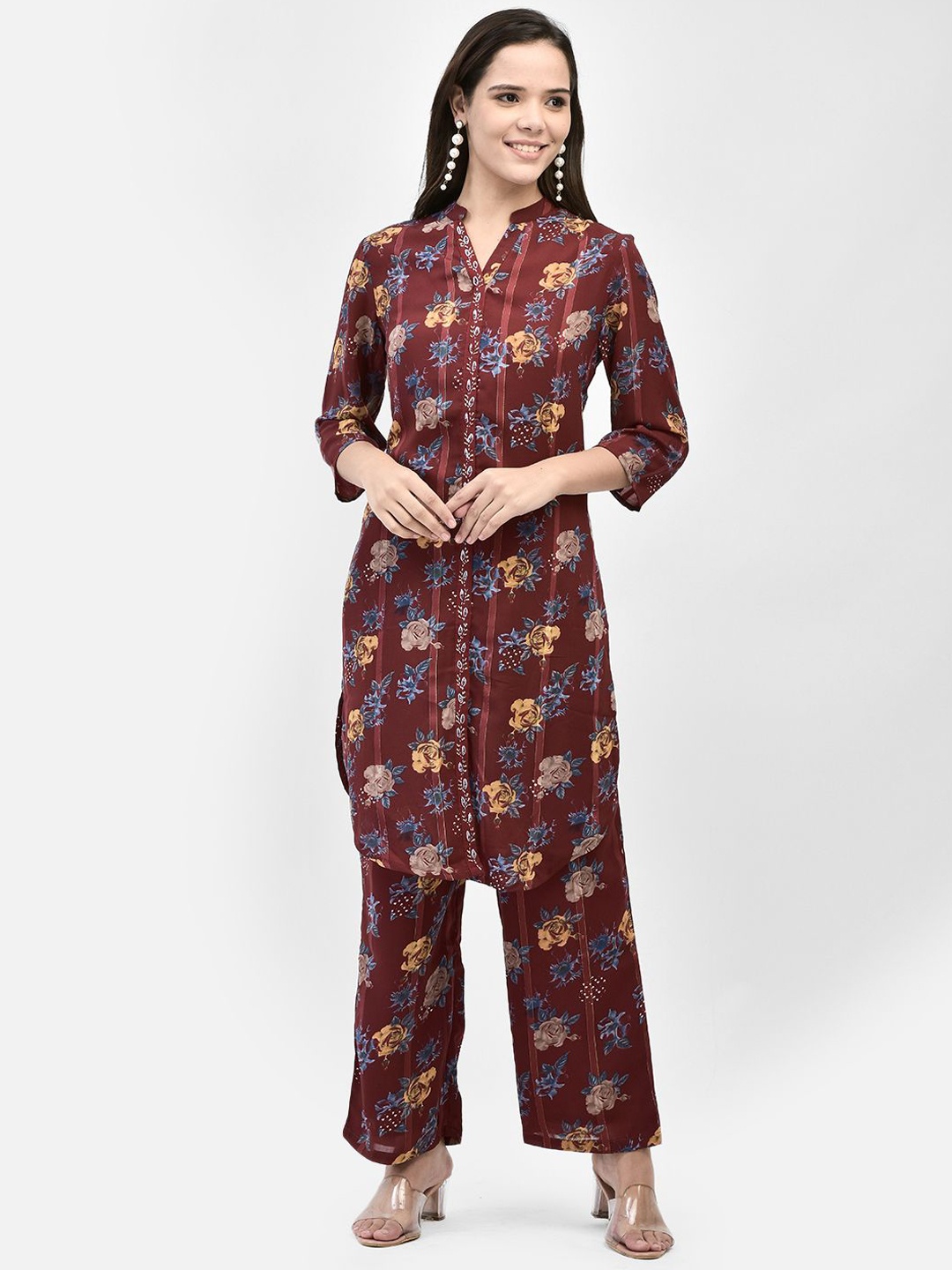 

FFU Floral Printed Mandarin Collar Tunic & Trousers, Maroon