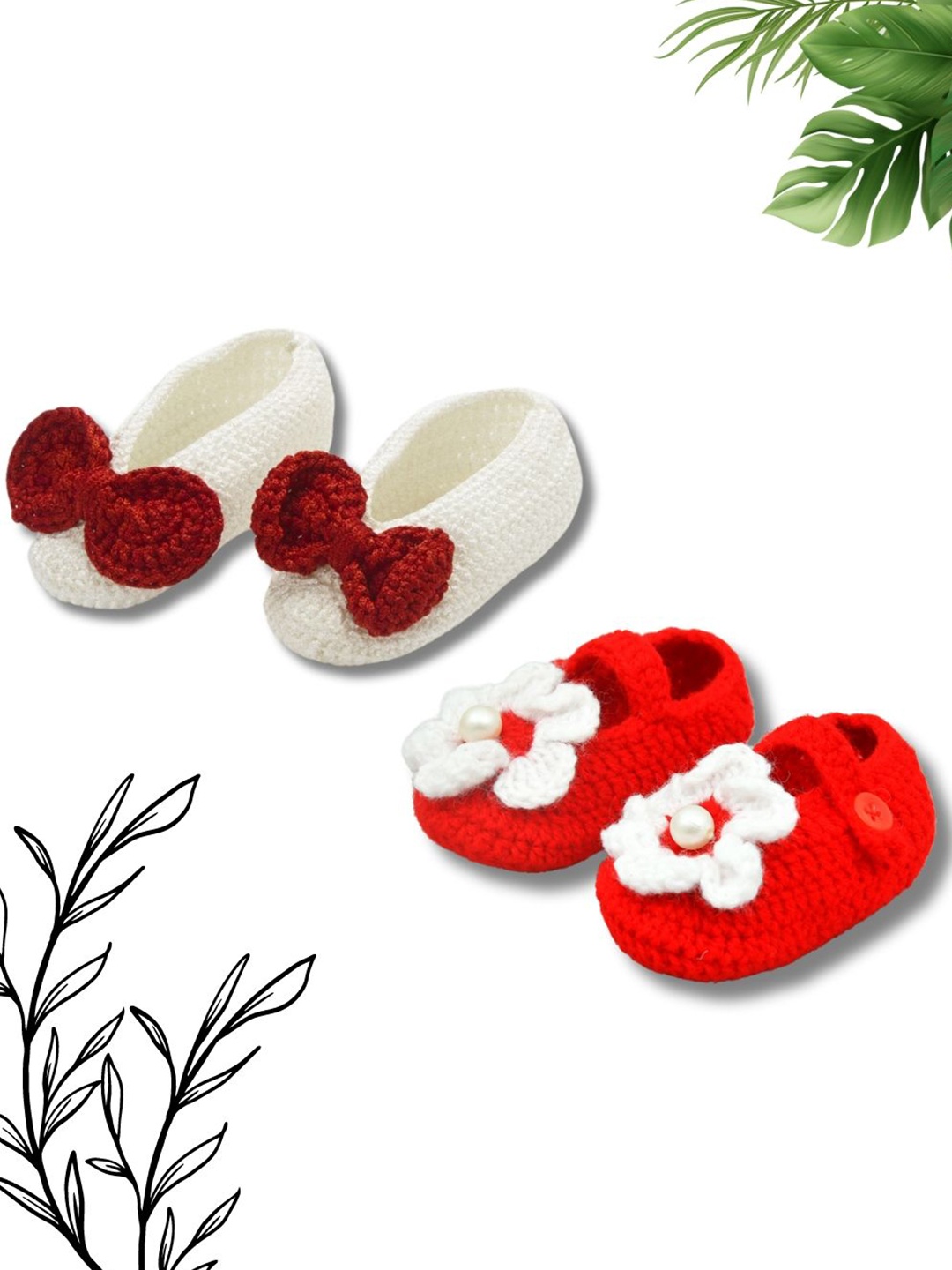 

FUNKRAFTS Pack of 2 Crochet Baby Infant Girl Booties, Red