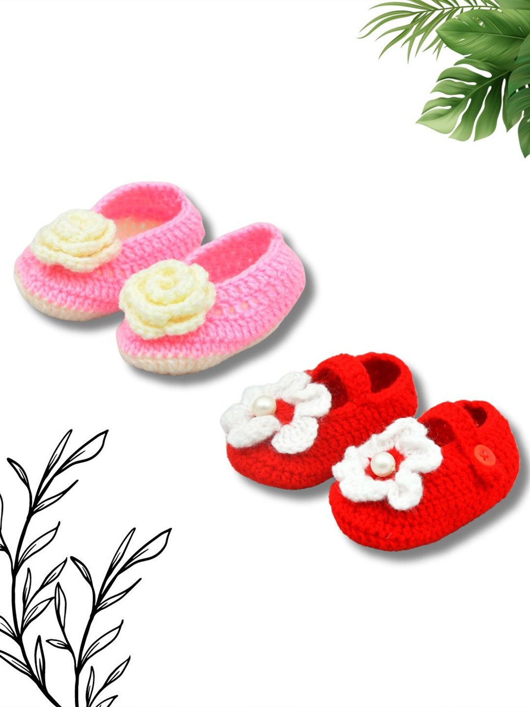 

FUNKRAFTS Pack of 2 Woollen Crochet Baby Infant Girl Booties, Pink