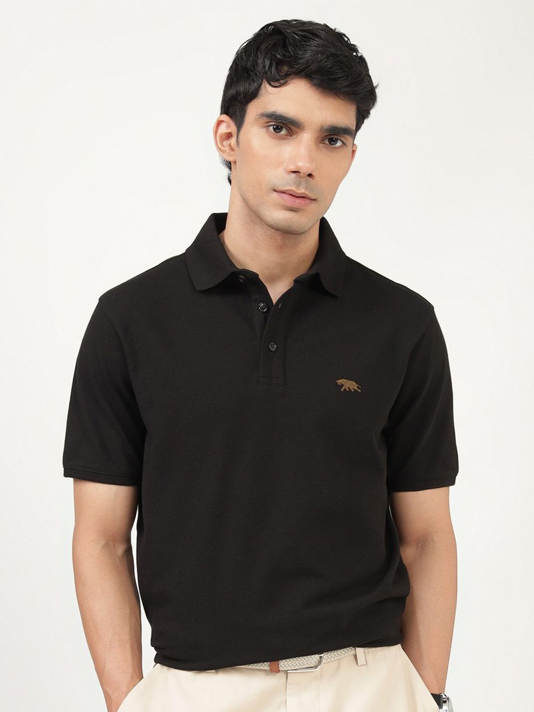 

Andamen Men Solid Polo Collar Cotton T-Shirt, Black