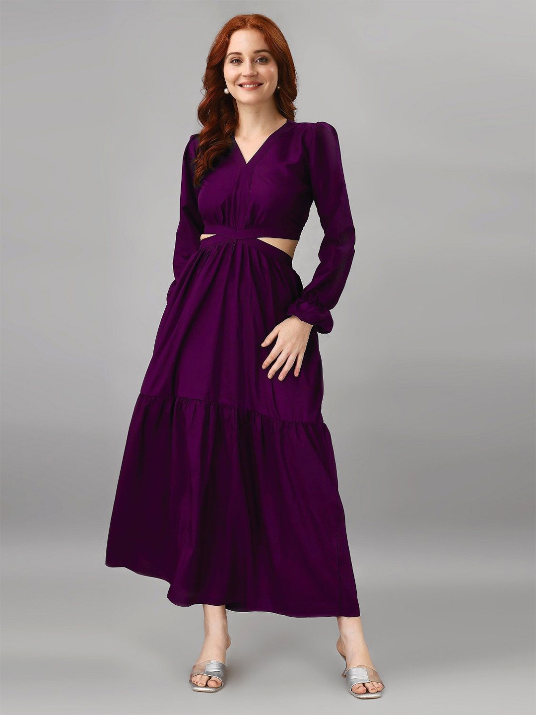 

Femvy Women Puff Sleeve Applique Crepe Fit & Flare Maxi Dress, Magenta
