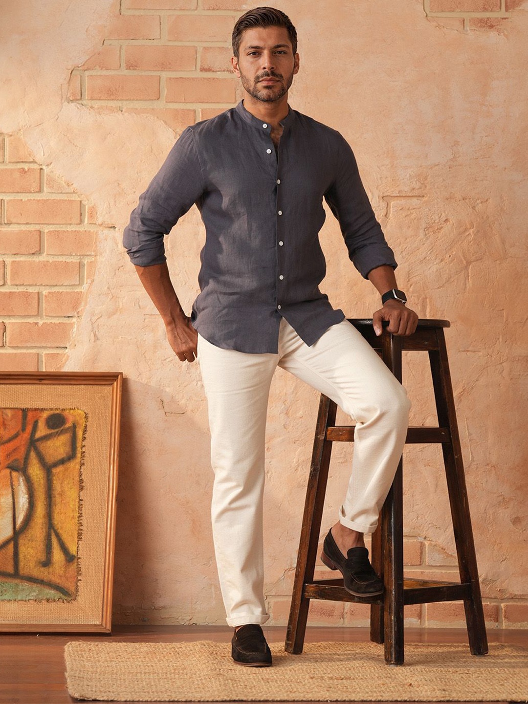 

Monks of Method Men Comfort Band Collar Solid Linen Casual Shirt, Violet