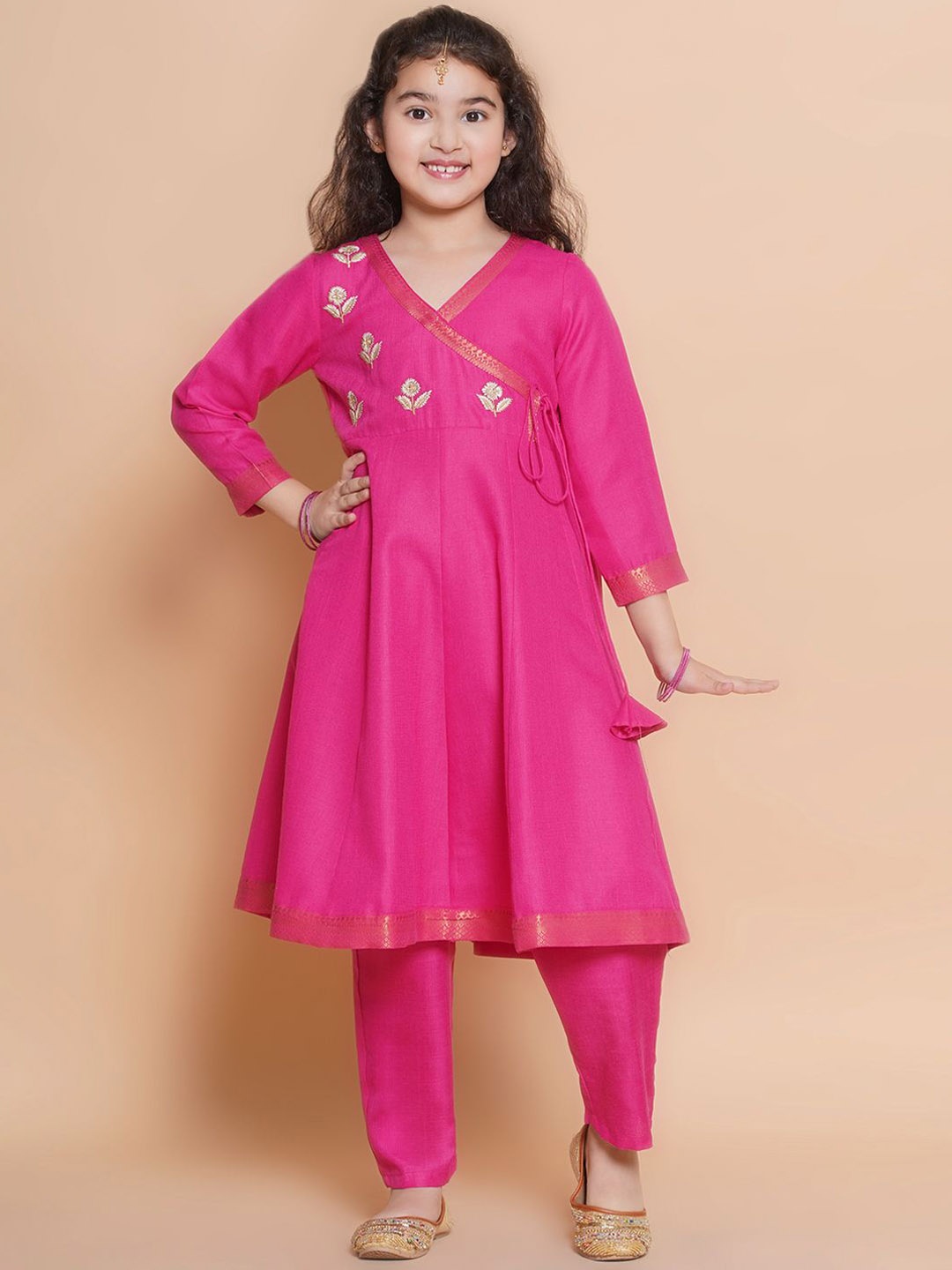 

Bitiya by Bhama Embroidered Angrakha Gotta Patti Pure Cotton Anarkali Kurta with Trouser, Pink