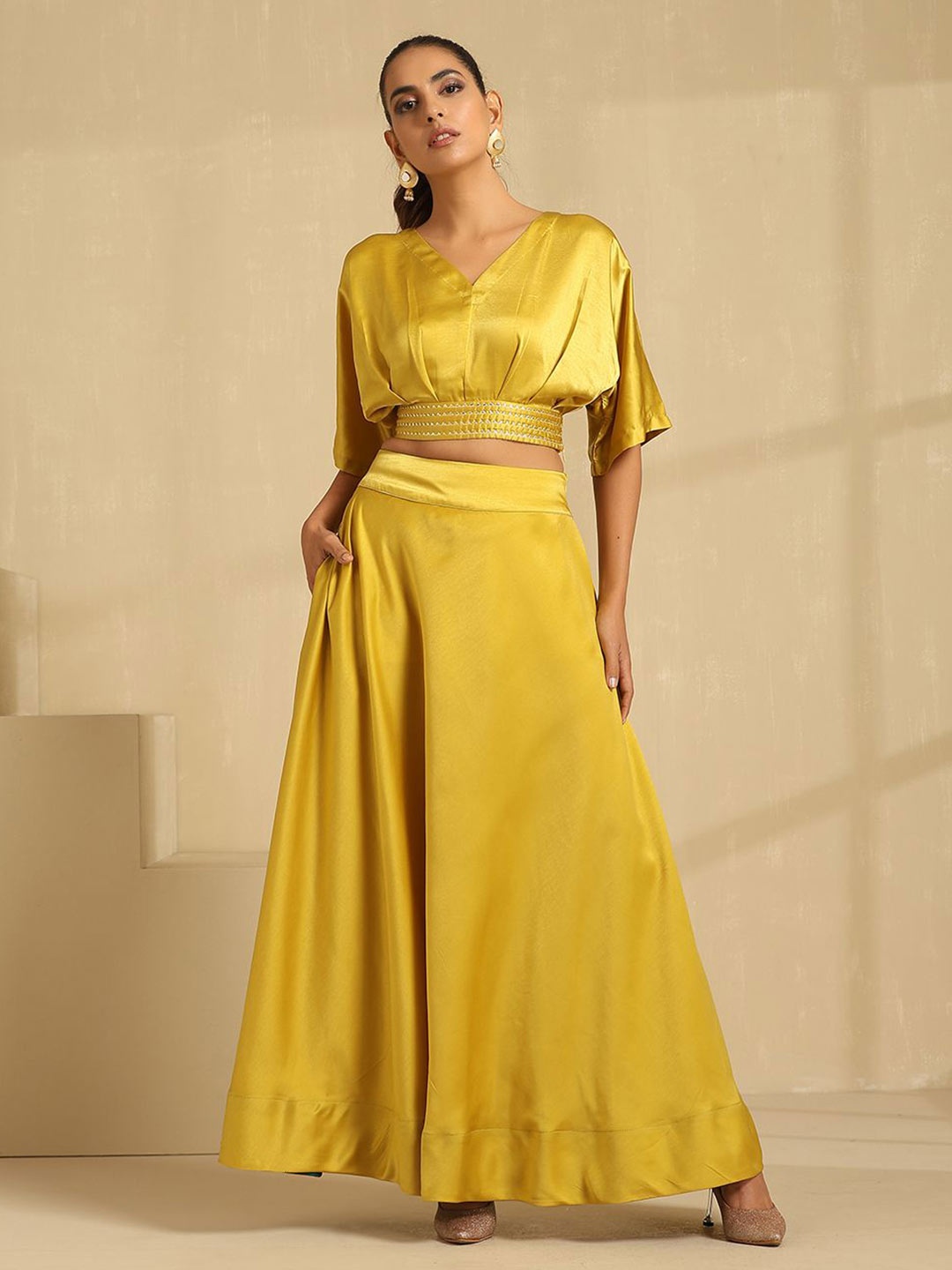 

indy Raaga Flutter Sleeves Satin Ready to Wear Lehenga & Blouse, Yellow