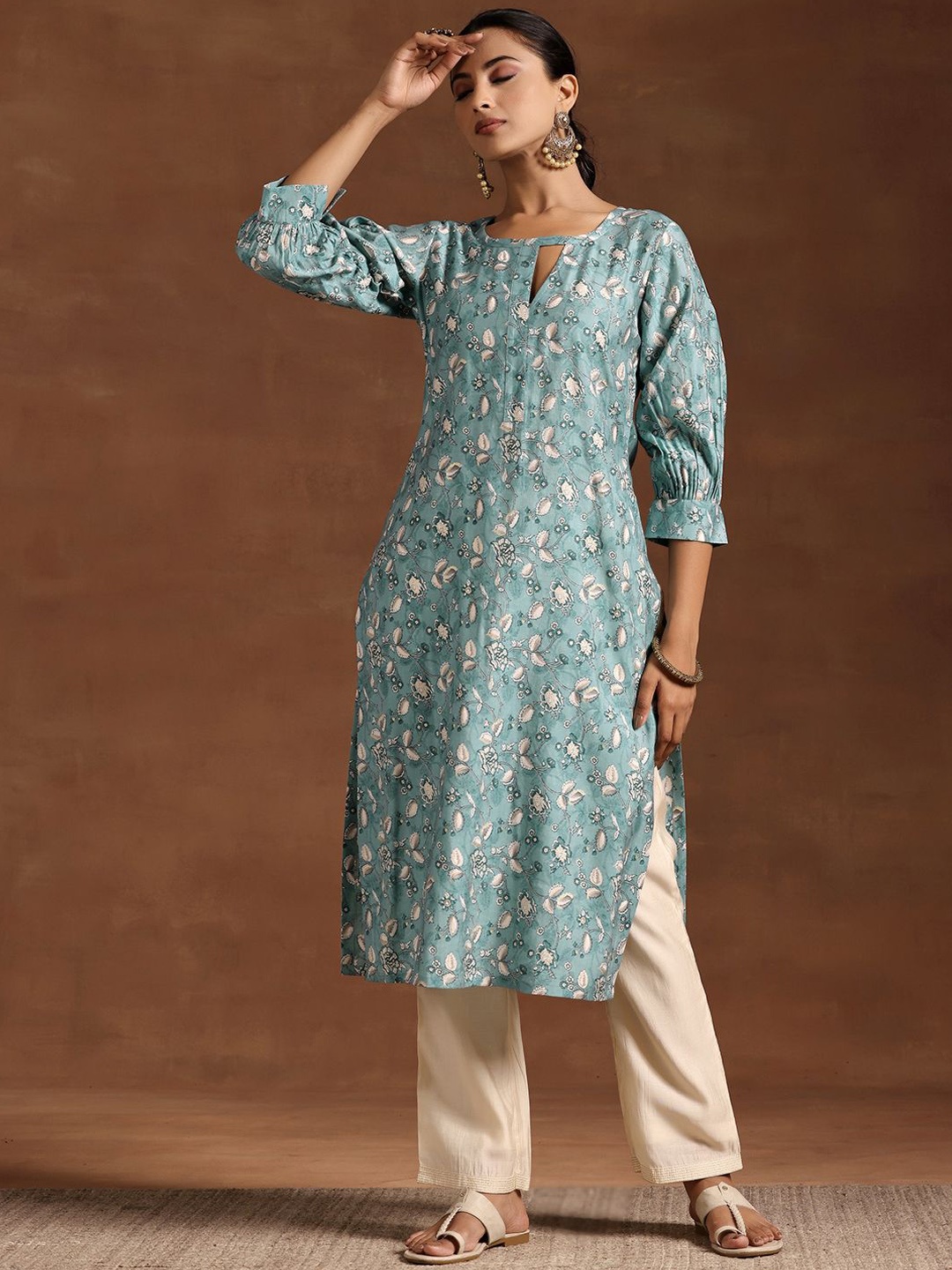 

Libas Floral Printed Keyhole Neck Puff Sleeves Silk Straight Kurta, Blue