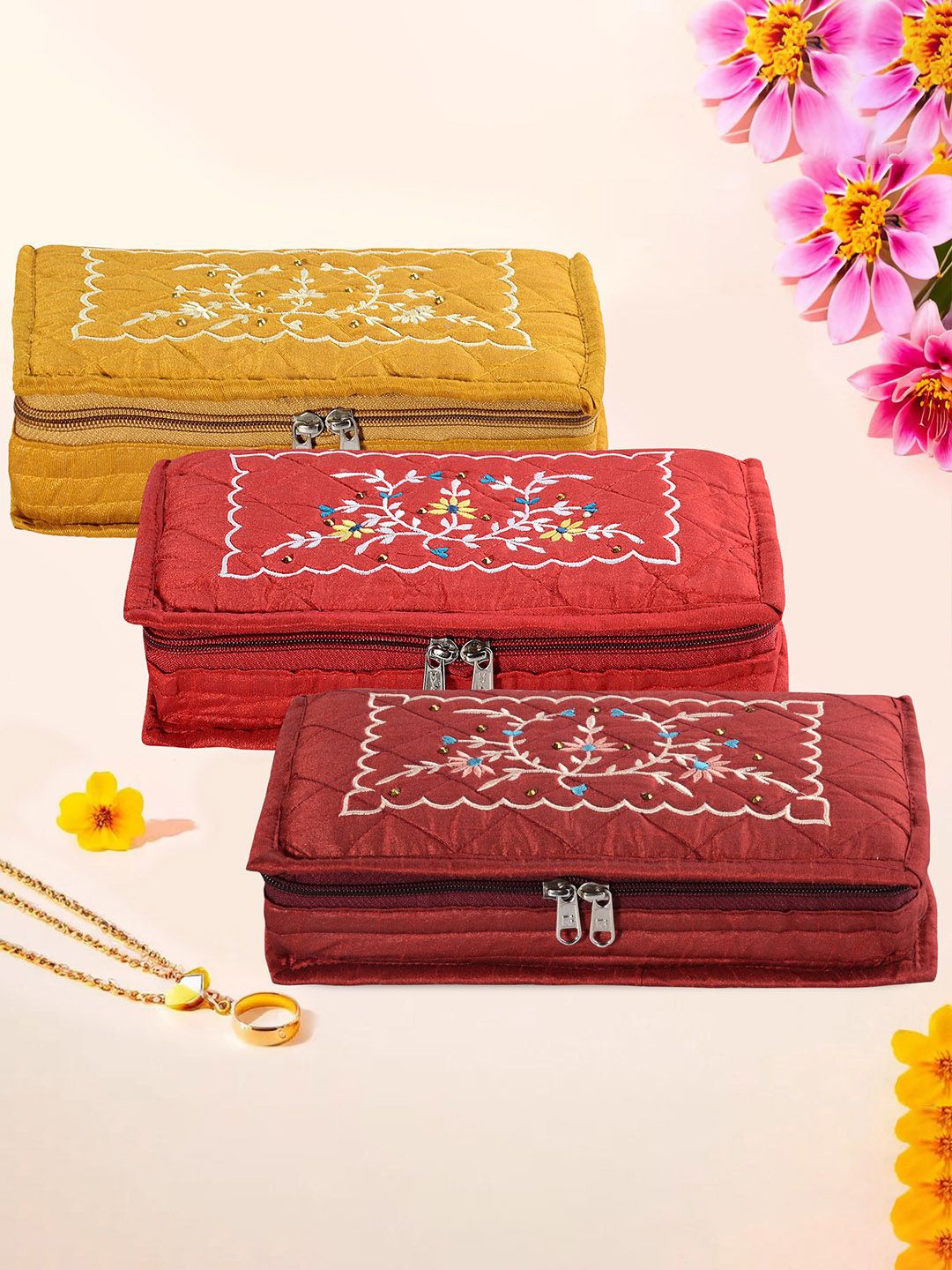 

Kuber Industries Yellow 3 Pieces Embroidered Jewellery Organisers