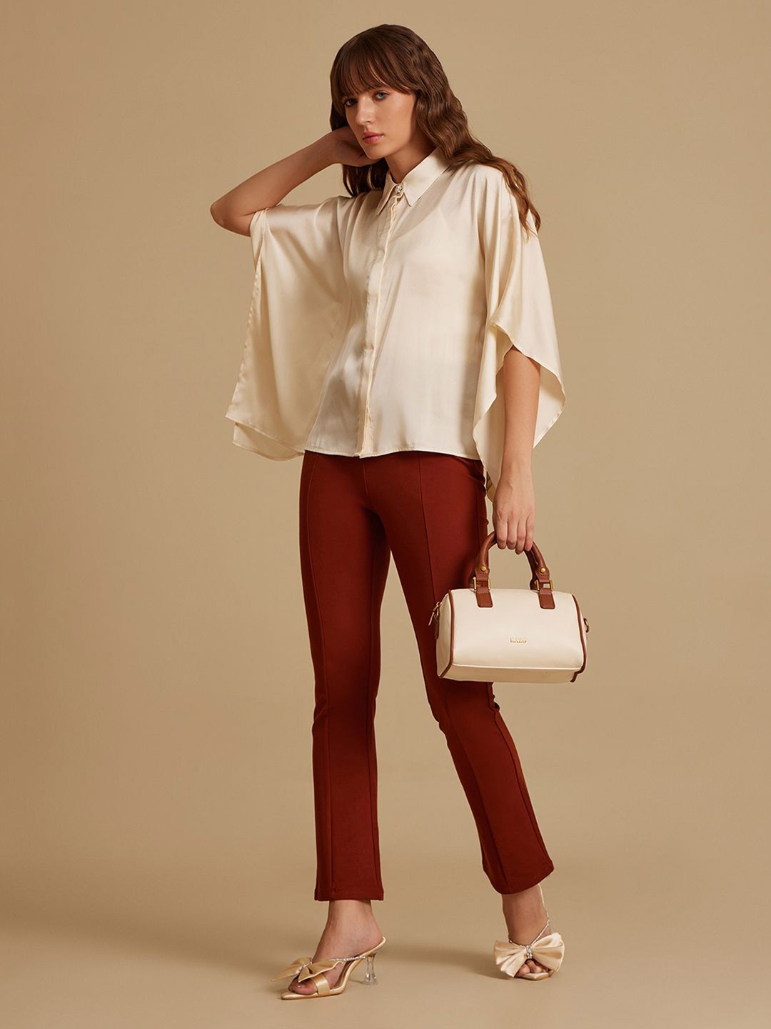 

Kazo Women Standard Spread Collar Solid Formal Shirt, Beige