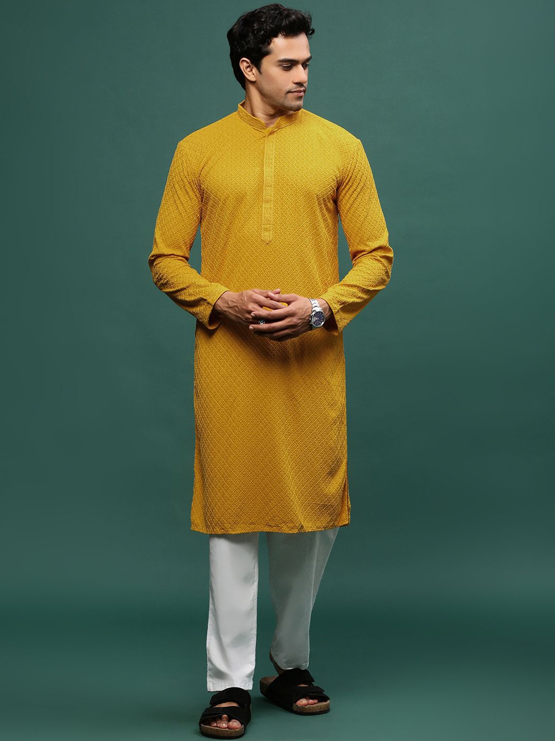 

Sangria Mustard Yellow Floral Embroidered Chikankari Straight Kurta With Trouser