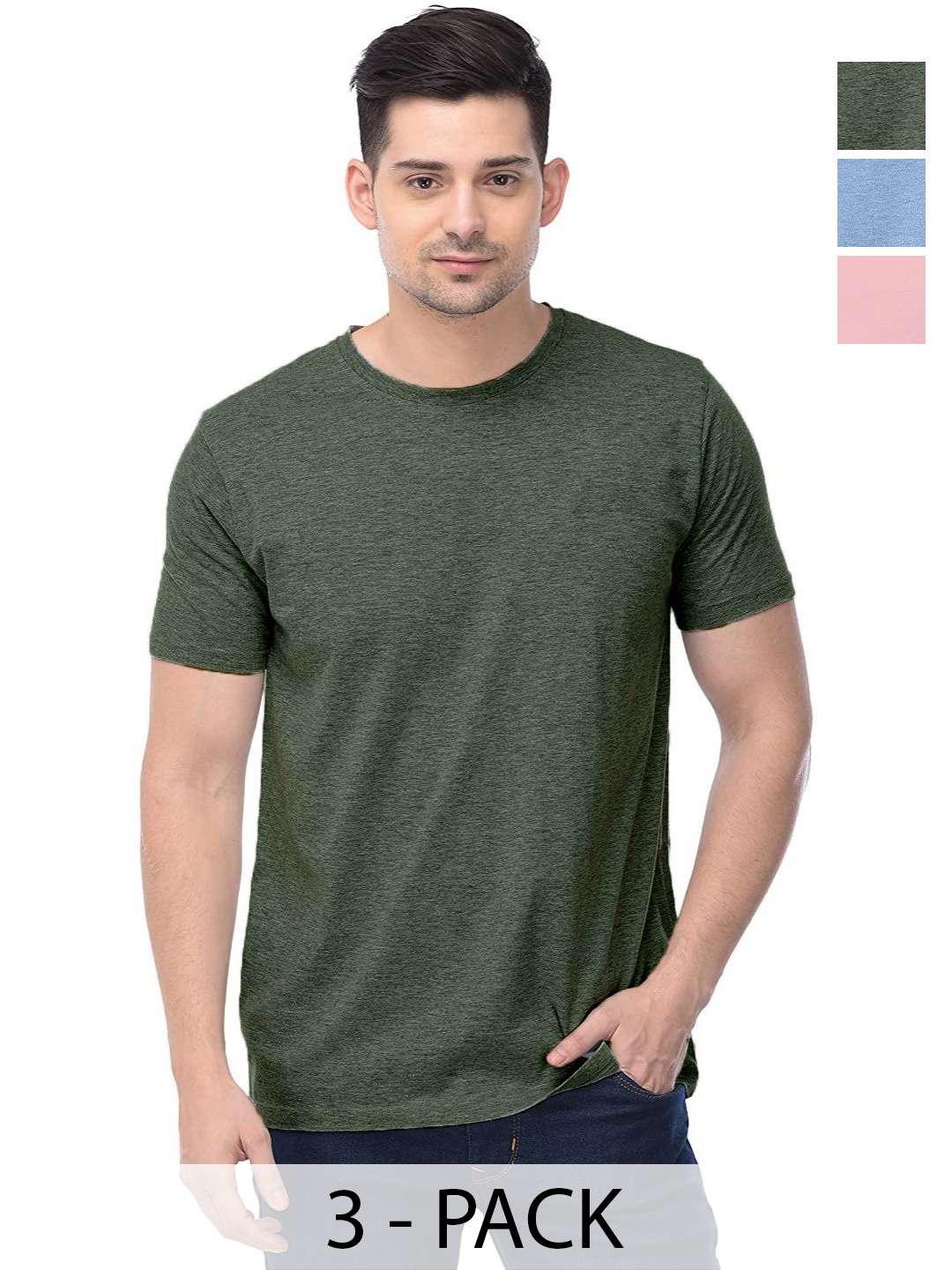 

COLOR CAPITAL Unisex Pack Of 3 Solid Round Neck Cotton T-shirts, Green