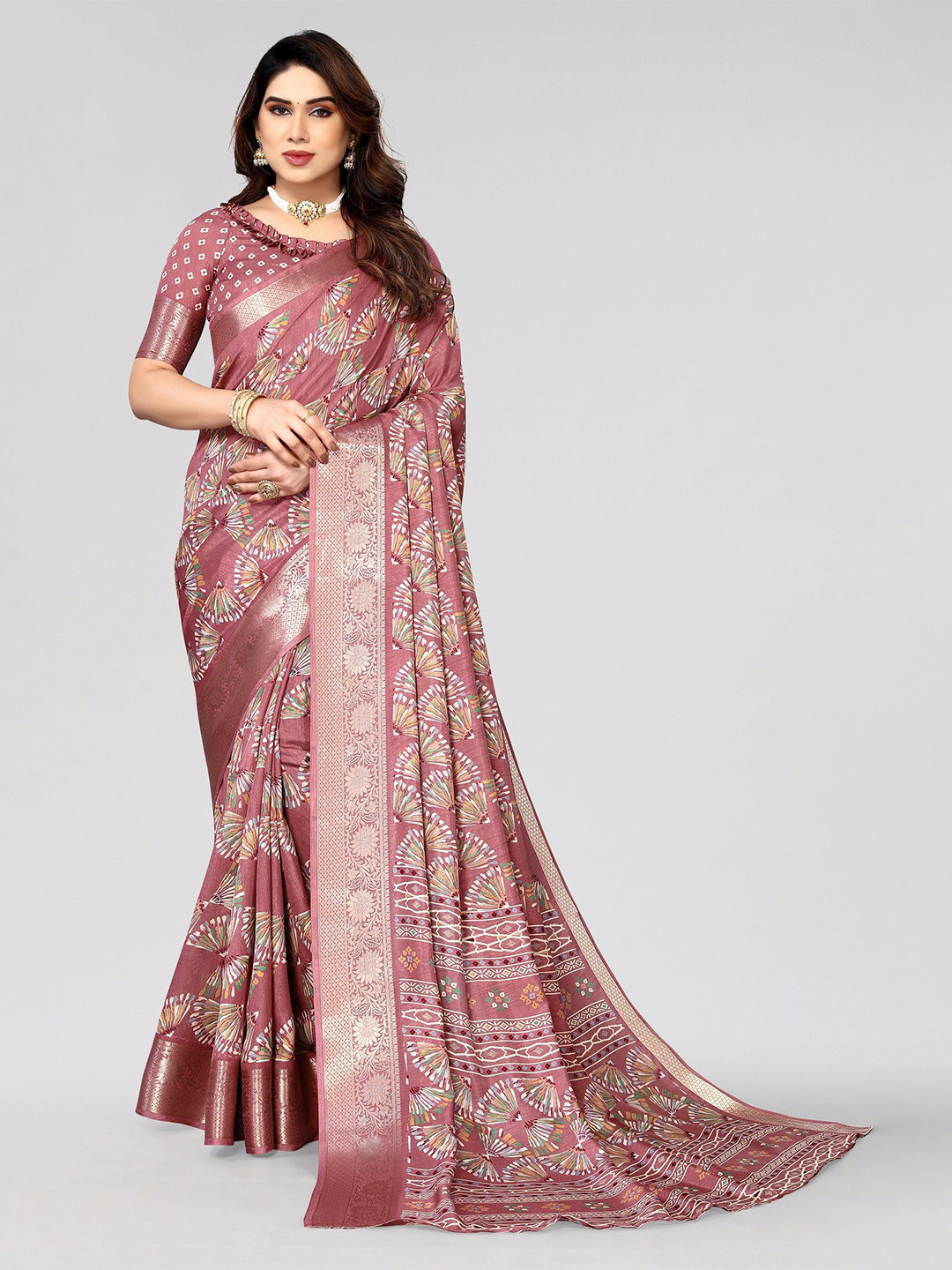 

VIRICA Ethnic Motifs Printed Zari Saree, Pink