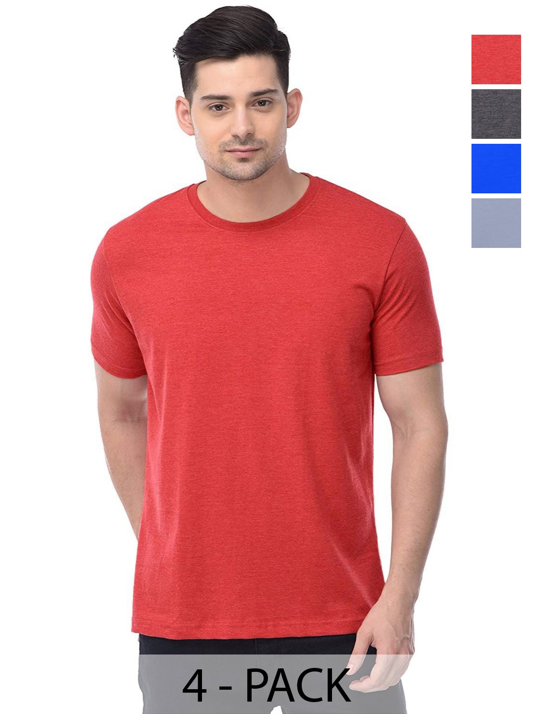 

COLOR CAPITAL Unisex Pack Of 4 Solid Round Neck Cotton T-shirts, Red